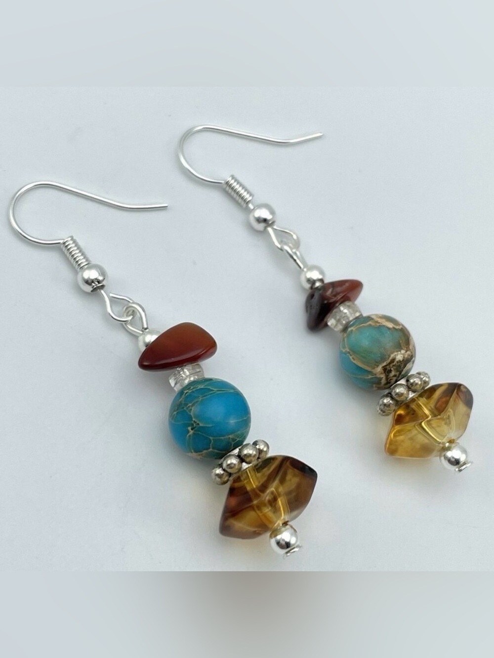 Artisan Gemstone Brown Glass Beaded Dangle Earrings Dainty Silver Tone Boho Cute